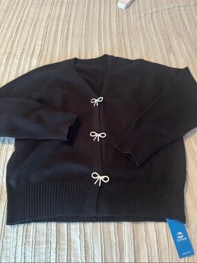 Cupshe Black V-Neck Cardigan with Rhinestone Bow Buttons NWT
